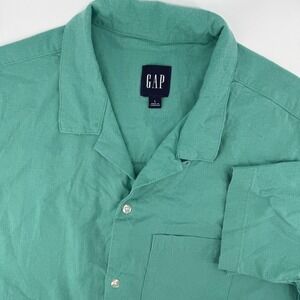 GAP Mens Large Linen Blend Short Sleeve Button Down Camp Shirt Teal Green Collar
